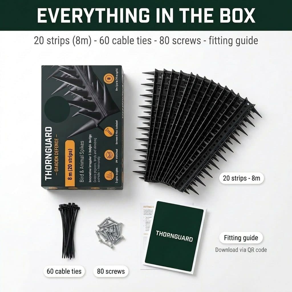 Everything in the box: strips, cable ties, screws and fitting guide